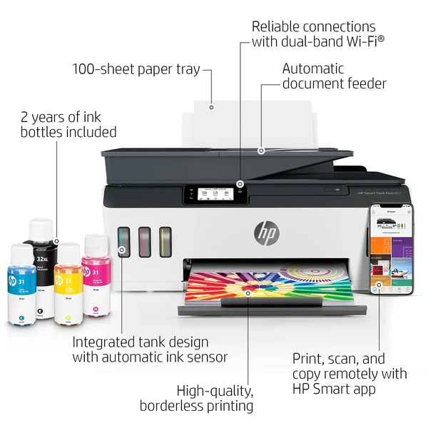 HP Smart Tank Plus 651 Wireless All-in-One Color Ink-jet - Multifunction printer - English, French, Spanish, Canada, United Sta