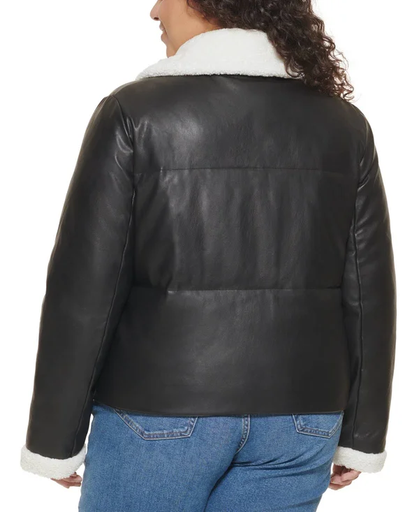 Levi&s Trendy Plus Size Sherpa-Trimmed Faux-Leather Puffer Jacket - Black/Cream