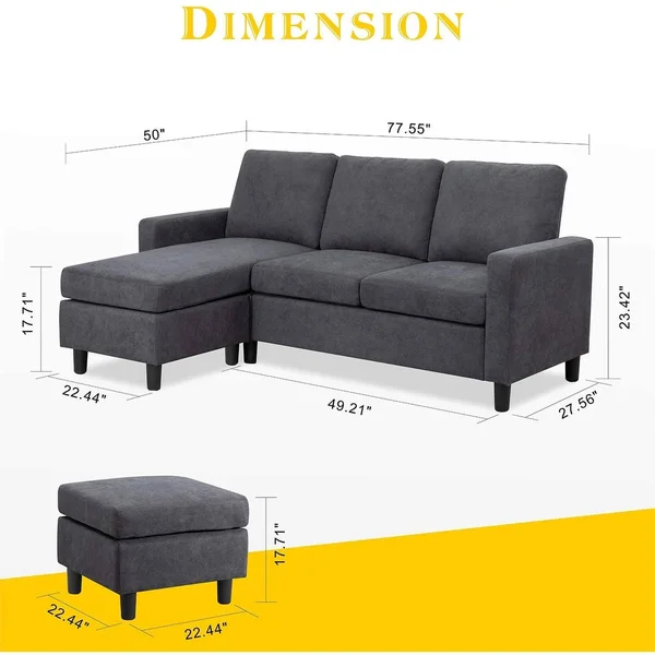 Futzca Convertible Sectional Sofa Couch with Reversible Chaise, Modern Linen Fabric L-Shaped Couch for Small Space - Ash