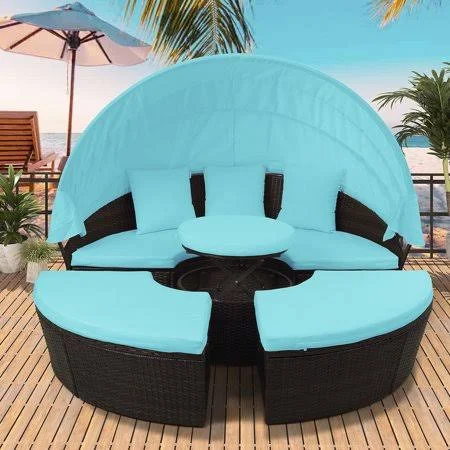 Patio Furniture Daybed Sets, Round Patio Daybed Sunbed with Retractable Canopy, Seating Separates Cushioned Seats, Brown Wicker