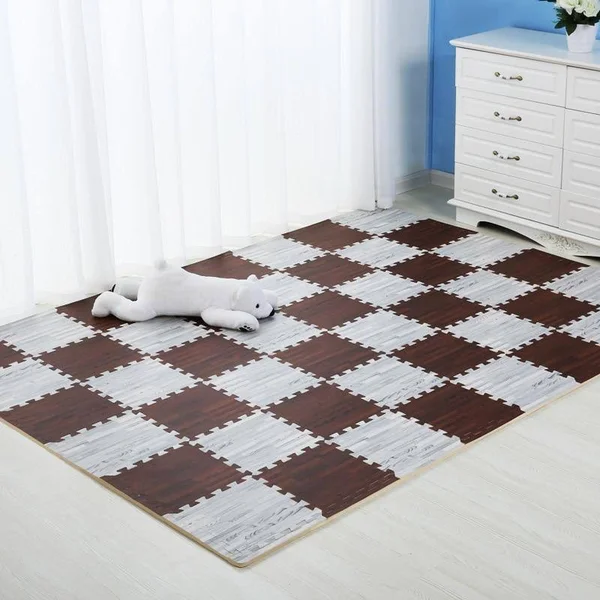 Wooden Puzzle Mat - Foam Soft Floor Interlocking Rug Living Room Gym Crawling Carpet