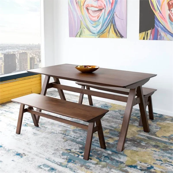 Ashcroft Mid-Century Modern Stella Walnut Wood (2) Bench Dining Set