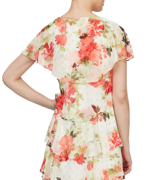 Slny Tiered Metallic Floral-Print Cocktail Dress, Ivory Multi, 16