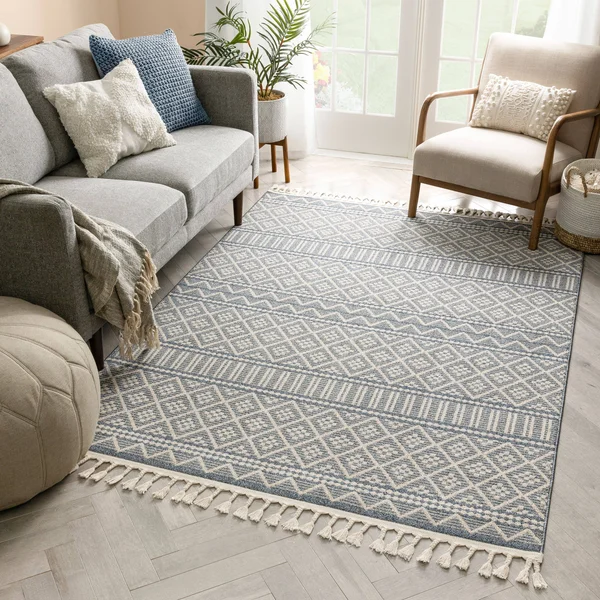 Well Woven Loop-De-Loop Covina Denim Blue Tribal Geometric Diamond 5&3 inch x 7&3 inch Flatweave Area Rug