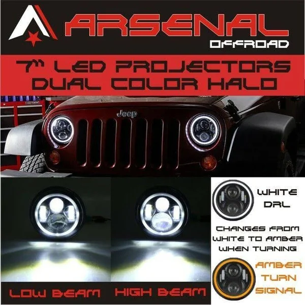 #1 7 inch Round Halo Projectors and Halo Fog Lights 60W Cree Headlights White Halo Angel Eyes+Amber Turning Signal Lights 30W Ha