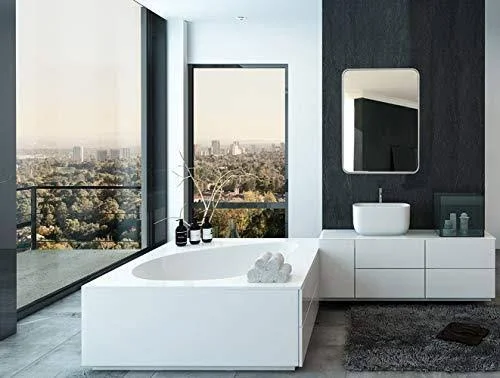 Hamilton Hills Contemporary White Metal Wall Mirror, Glass Panel White Framed Rounded Corner Deep Set Design, Mirrored Rectang