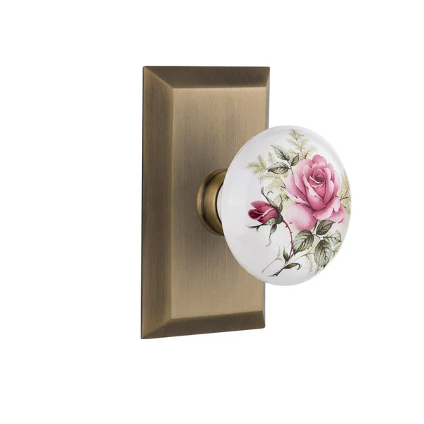 Nostalgic Warehouse 713551 Studio Plate Double Dummy White Rose Porcelain Door Knob - Antique Brass
