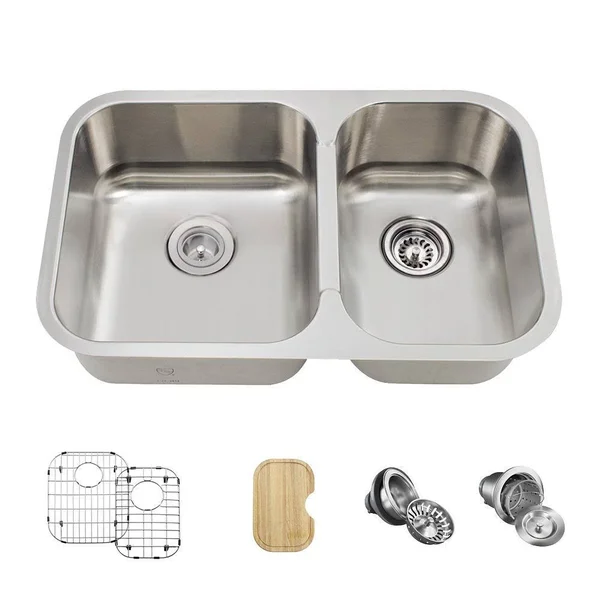 Mr Direct 530L 18 Gauge Undermount Stainless Steel 27-1/2 in. Double Bowl Kitchen Sink Ensemble