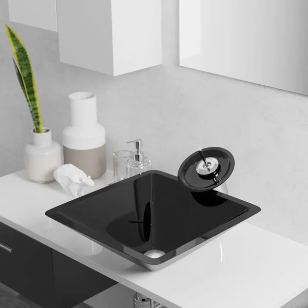 Rene R5-5003-NOR-R9-7003 16-1/2x22 Glass Vessel Bathroom Sink with Vessel Faucet Noir Dark, Chrome
