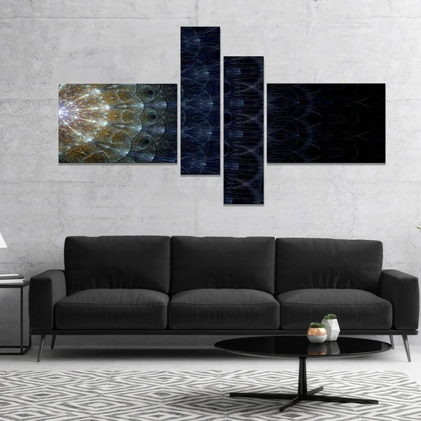 Designart &Symmetrical Blue Silver Fractal Flower& Abstract Print on Canvas - 60 in. Wide x 32 in. High - 4 Panels