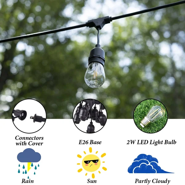 Outdoor LED String Lights Commercial Grade Weatherproof Patio Lights - Black - Length: 19.5ft