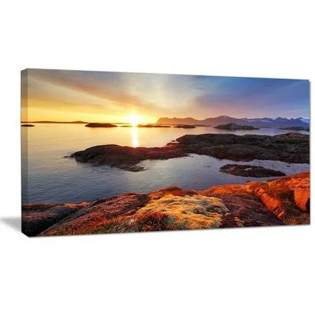 Designart PT14793-60-28 Ocean Coast Nice Sunset in Norway Canvas Artwork Print, 60X28x22