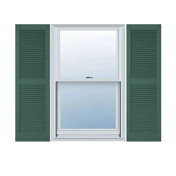 18 inchw x 77 inchh Lifetime Vinyl, Custom Straight Top Center Mullion, Open Louver Shutters, Forest Green