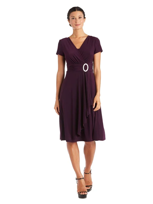 R & M Richards Short-Sleeve Faux-Wrap Dress - 12 - Charcoal