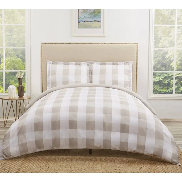 Truly Soft Everyday King Buffalo Plaid Duvet Cover Set Khaki/White
