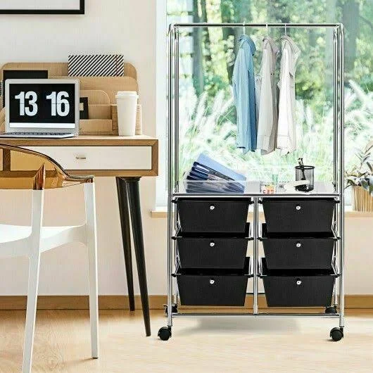 6 Drawer Rolling Storage Cart with Hanging Bar -Black