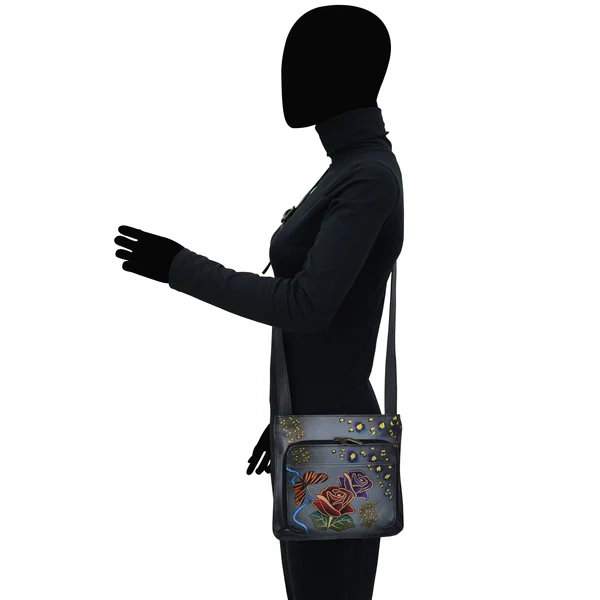 Anna by Anuschka Women's Hand Painted Leather Slim Shoulder Organizer - Rose Safari Grey