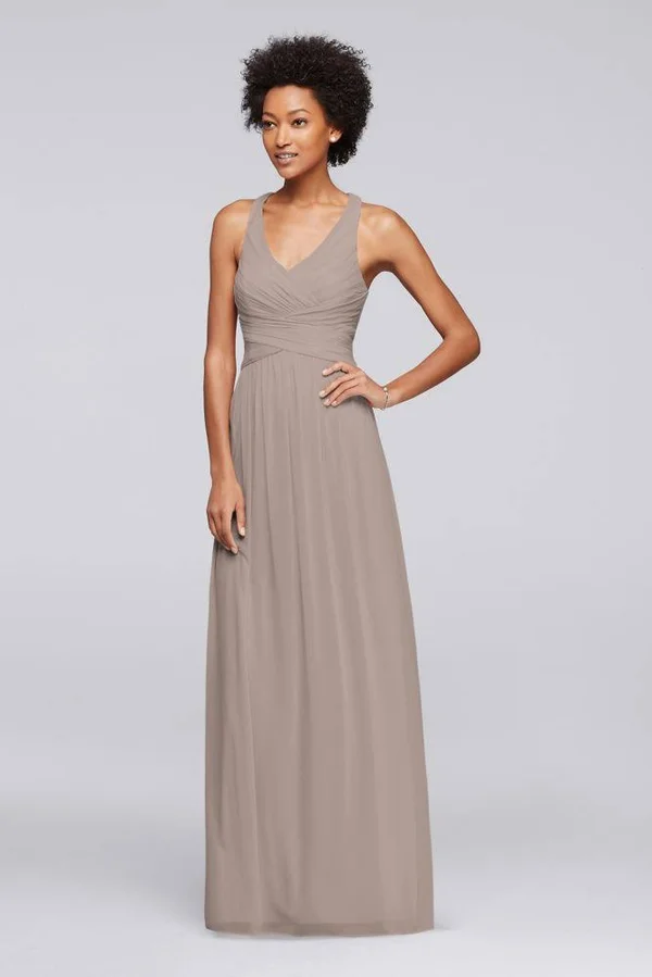 David&s Bridal Mesh Long Bridesmaid Dress with Crisscross Back - Biscotti - 0