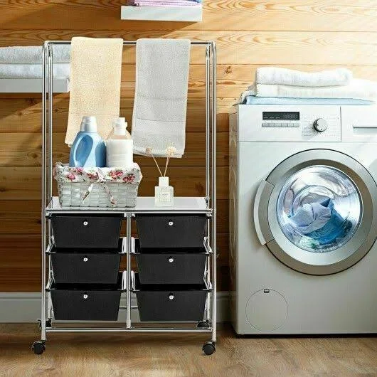 6 Drawer Rolling Storage Cart with Hanging Bar -Black
