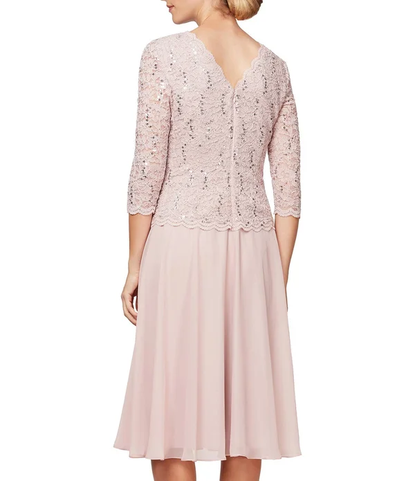 Alex Evenings T-Length Lace and Chiffon Mock Two Piece Dress - Blue