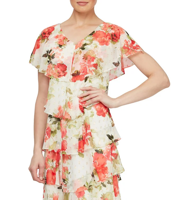 Slny Tiered Metallic Floral-Print Cocktail Dress, Ivory Multi, 16