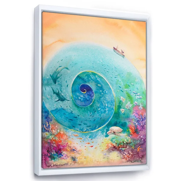 Designart &Turquoise Ocean Spiral with Coral Reef Fishes& Nautical & Coastal Framed Canvas Wall Art Print - 16 in. Wide x 32