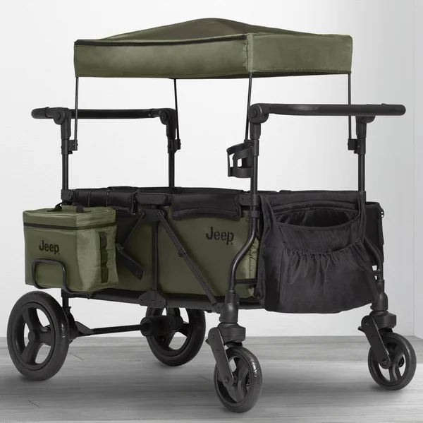 Jeep Deluxe Wrangler Wagon Stroller with Cooler Bag and Parent Organizer Black with Olive Green (2182)