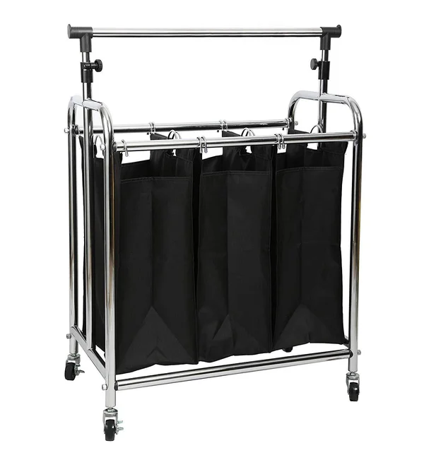 Finnhomy 3-Bag Rolling Laundry Sorter Cart with Hanging Bar Heavy-Duty Wheels Larger Bags Chrome