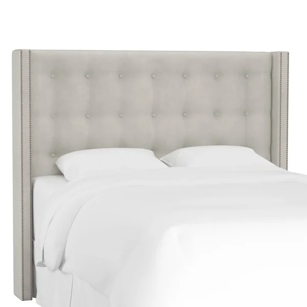Skyline Furniture Light Grey Velvet Nail Button Tufted Wingback Headboard California King