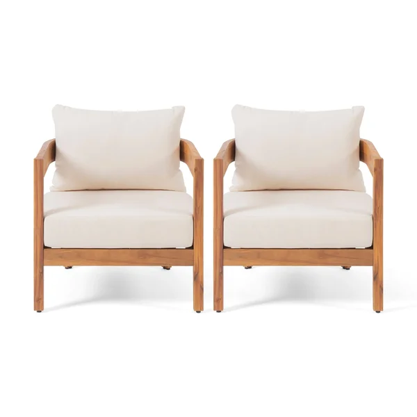 Brooklyn Outdoor Acacia Wood Club Chair with Cushions (Set of 2) by Christopher Knight Home - Teak Finish + Beige Cushion