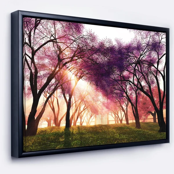 Designart 'Cherry Blossoms Japan Garden' Landscape Framed Canvas Art Print (42 in. Wide x 32 in. High) - Black, Design Art