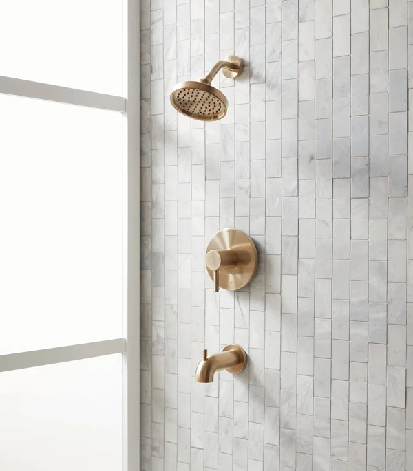 Allen + Roth Harlow Brushed Brass 1-Handle Bathtub and Shower Faucet with Valve, 873X-568204