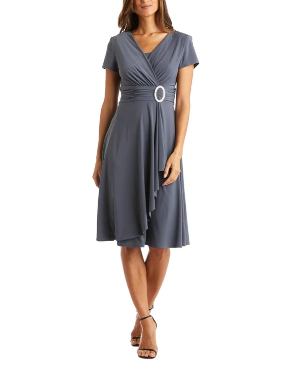 R & M Richards Short-Sleeve Faux-Wrap Dress - 12 - Charcoal