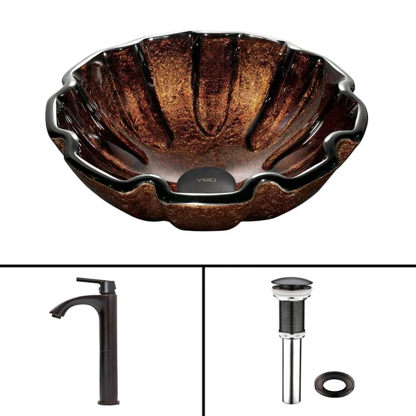 Vigo VGT421 Walnut Shell Glass Sink and Vessel Linus Faucet Set in Antique Rubbed Bronze