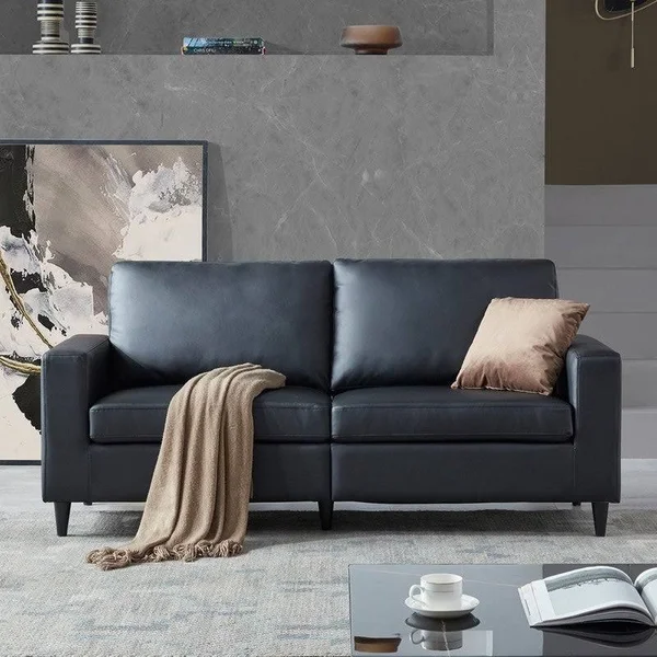 3-Seater PU Leather Couchu0026Sofa with Wood Frame and Durable Legs, Black