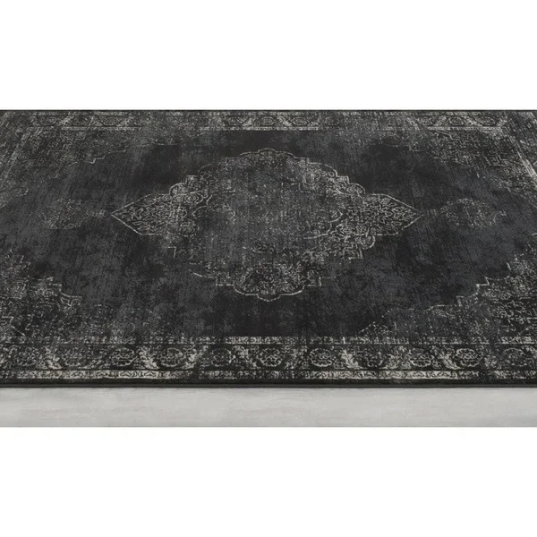 Allstar Rugs Distressed Charcoal Grey and Beige Rectangular Accent Area Rug with Ivory Persian Design - 4& 11x22 x 7& 0x22