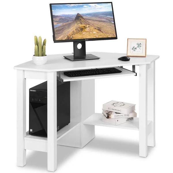 Costway Wooden Study Computer Corner Desk with Drawer-White