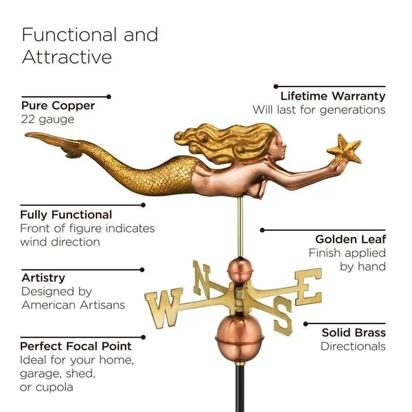 Good Directions Mermaid with Starfish Weathervane - Polished Copper with Golden Leaf Finish