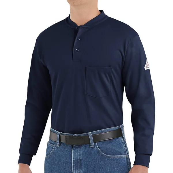 Bulwark - Long Sleeve Tagless Henley Shirt - Excel FR (Tall) L - Navy