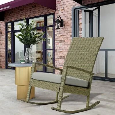Outdoor Wicker Rocking Chair, All-Weather Wicker Seat Patio Rocking Chairs with Removable CUSHION, Smooth Gliding Rattan Rocker