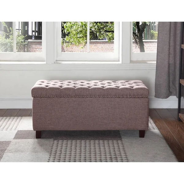 Button Tufted Storage Ottoman with Nailhead, Brown Color