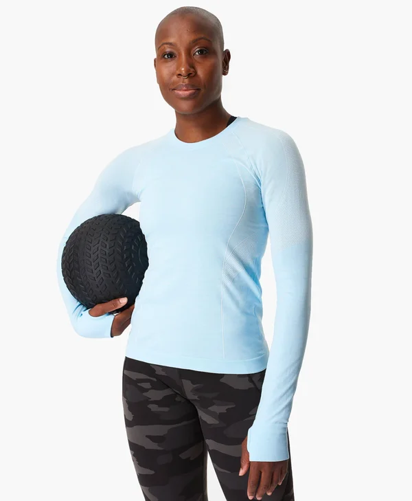 Sweaty Betty Athlete Seamless Long Sleeve Workout Top, Blue, Women's L