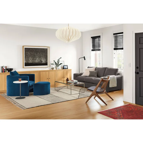 Room & Board, Modern Aria Round End Table 18 Diameter 22H in White, Marbled White Quartz Top w/ White Base