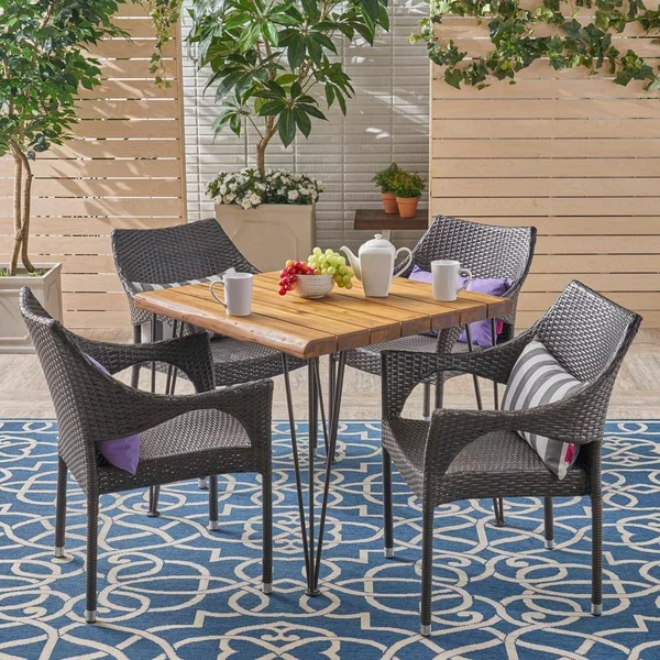 Arya Outdoor 5 Piece Industrial Wood and Wicker Square Dining Set, Multi Brown, Teak