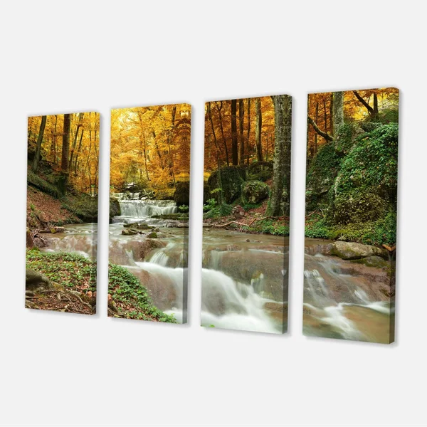 Designart Forest Waterfall with Yellow Trees Landscape Canvas Art Print - 4 Panels - 61471340018