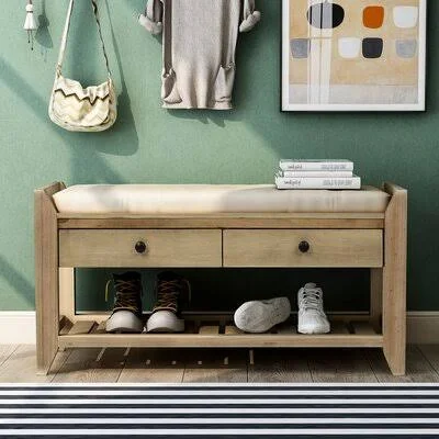 Naydenka Shoe Rack with Cushioned Seat and Drawers - Multipurpose Entryway Storage Bench, Old Pine Red Barrel Studio Color: Gray