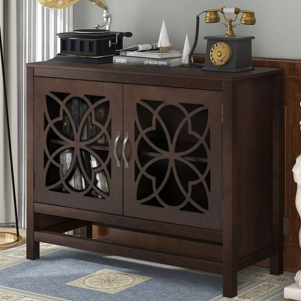 Wood Accent Buffet Sideboard Storage Cabinet with Doors & Shelf - Brown - Navy Blue