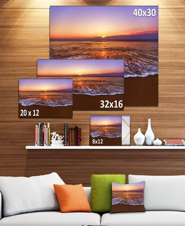 Design Art Orange Tinged Sea Waters at Sunset Photographic Print on Wrapped Canvas - Size: 12x22 H x 20x22 W x 1x22 D, Blue