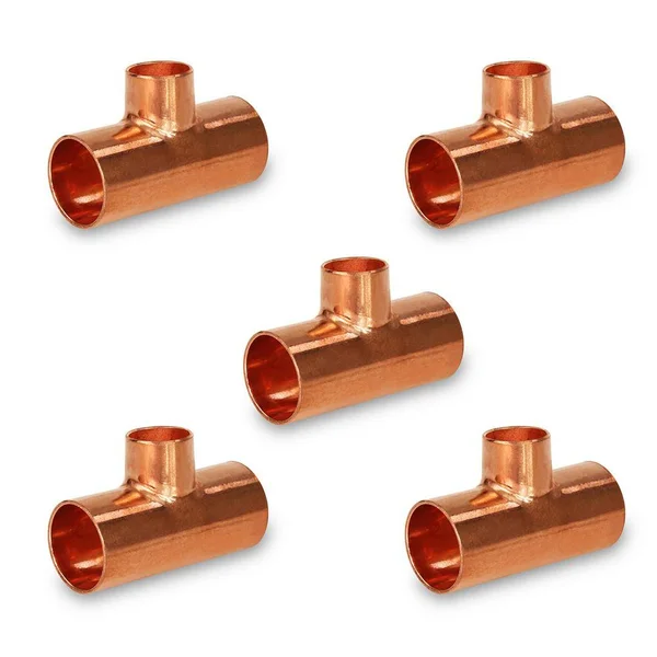 The Plumber&s Choice 1-1/2 in. x 3/4 in. x 1/2 in. Copper Reducing Tee Fitting with Solder Cups (5-Pack), Brown