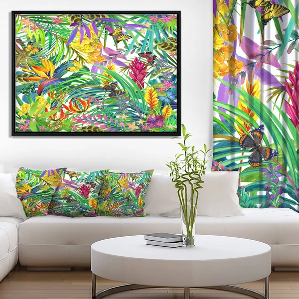 Designart &Tropical Leaves and Flowers& Floral Art Framed Canvas Print - 20 in. Wide x 12 in. High